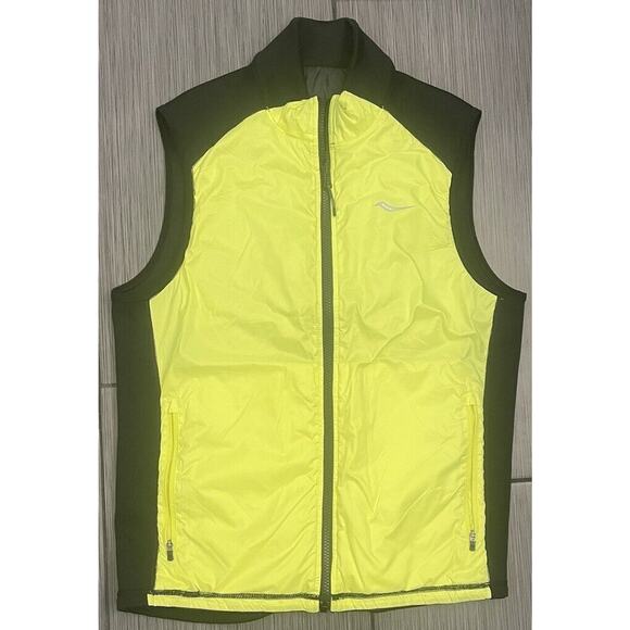 Saucony Mens Reversible Running Vest Black/Neon Size Small Lightweight Puffer - Picture 1 of 5
